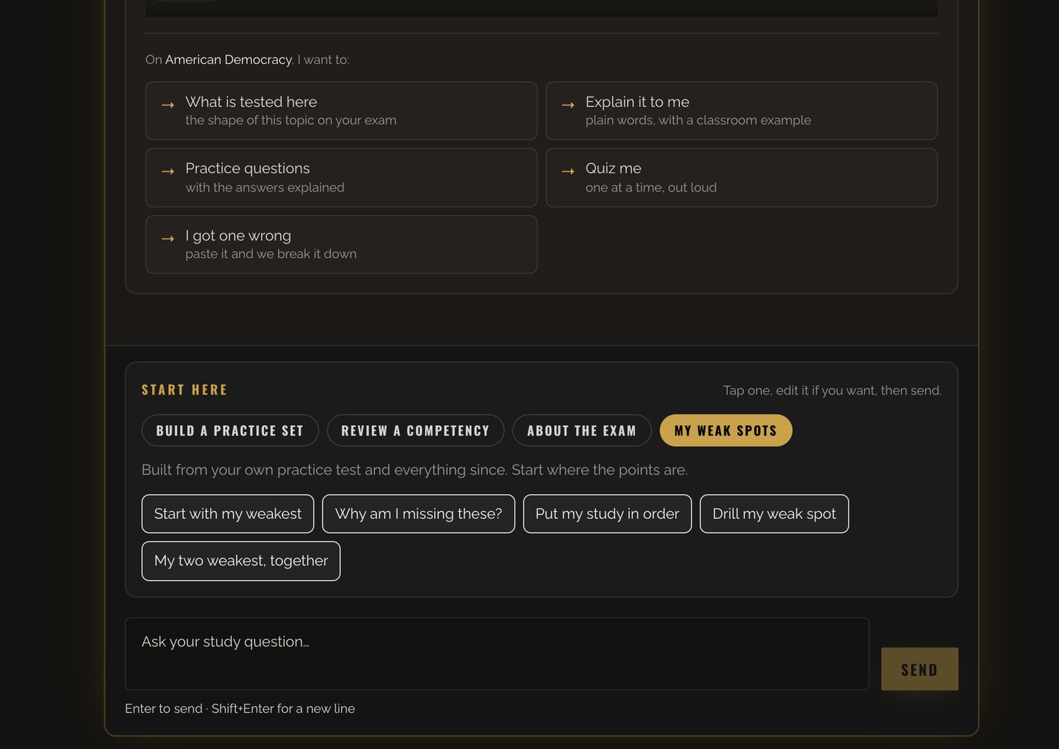 The AI Test Coach with starter prompts and a weak-spots tab