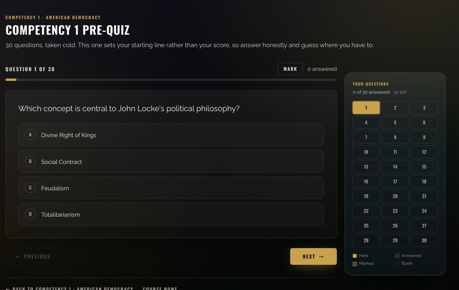 A Competency 1 pre-quiz question with four options and the question grid