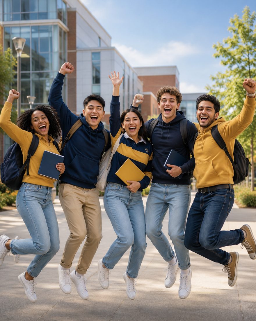 Florida college students celebrating outside a campus building after passing the FCLE